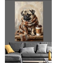 Kahve Yanında Atkılı Pug Köpeği Dekoratif Kanvas - Mdf Ahşap Tablo