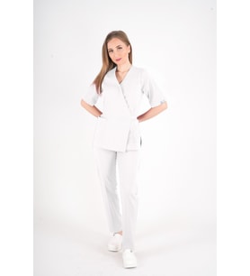 Beyaz Elegant Model Cerrahi Üniforma Belden Bağlamalı Scrubs Takım