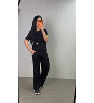 Kadın Kısa Kollu Bisiklet Yaka Yandan Toka Detaylı Viskon Iki Iplik Bluz Ve Pantolon Ikili Takım