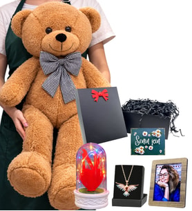 Büyük Boy Kahve Peluş Ayıcık, Renkli Anka Kuşu Kolye, Renkli Işıklı Fanus ve Fotoğraf (Model 6)