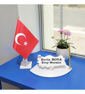 Sümen Ofis Doğal Beyaz Mermer İsimlik Haritalı Gold Tek Kalem ve Şanlı Türk Bayrağı