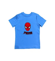 Spiderman baskılı örümcek adam pamuklu penye kumaş yazlık çocuk tişört (Mavi)