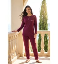 Kadın Pamuklu Uzun Kollu Üç Düğmeli Biyeli Soft Örme Pijama Takımı Mürdüm