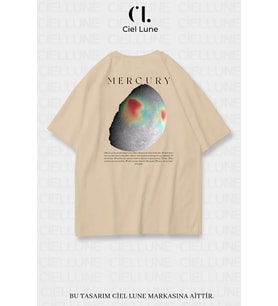 Nevermind Unisex Kadın Erkek Merkür Baskılı Özel Tasarım Oversize T-shirt (Bej)