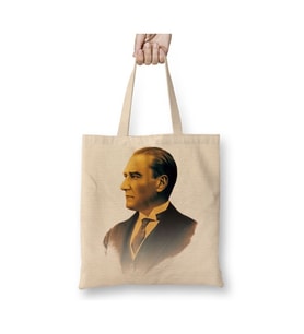 Mustafa Kemal Atatürk 014 Beyaz Bez Çanta Uzun Saplı Alışveriş Çantası Plaj Çantası