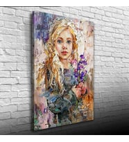 Çiçek Demeti Tutan Kadın Portresi Yağlıboya Kanvas Tablo 50 x 70