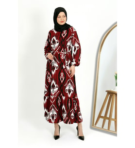 DESENLİ BÜRÜMCÜK ELBİSE (Bordo)