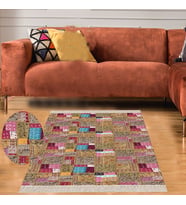 Kırkyama Patchwork Desenli Etnik Dijital Baskı Yıkanabilir Kaymaz Taban Salon Halı ve Yollu (Kahverengi)