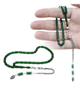 Ateş Kehribar Tesbih - 925 Ayar Gümüş Püsküllü - Mini Boy - Zümrüt Yeşili Renk - Kapsül Kesim