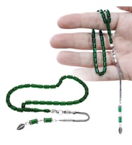 Ateş Kehribar Tesbih - 925 Ayar Gümüş Püsküllü - Mini Boy - Zümrüt Yeşili Renk - Kapsül Kesim