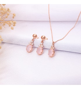 925 Ayar Gümüş Gül Kuvars Kolye Küpe Set
