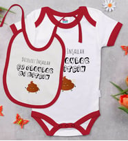 BK Kids Düzelcez İnşallah Tasarımlı Kırmızı Bebek Body Zıbın ve Mama Önlüğü Hediye Seti-1