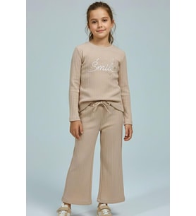 Breeze Kız Çocuk Pantolonlu Takım Yazı & Kalp Nakışlı Pantolonu Fiyonk Aksesuarlı 4-8 Yaş, Bej