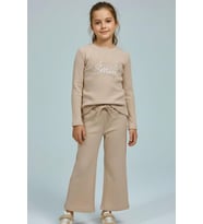 Breeze Kız Çocuk Pantolonlu Takım Yazı & Kalp Nakışlı Pantolonu Fiyonk Aksesuarlı 4-8 Yaş, Bej