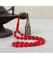 RODAJ KAPLAMA GÜMÜŞ PÜSKÜLLÜ ATEŞ KEHRİBAR TESBİH (Kırmızı)