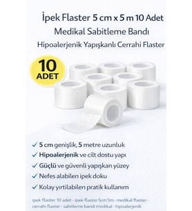 İpek Flaster 5 cm x 5 m 10 Adet Medikal Sabitleme Bandı Hipoalerjenik Yapışkanlı Cerrahi Flaster