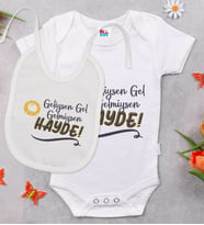 BK Kids Geliysen Gel Tasarımlı Beyaz Bebek Body Zıbın ve Mama Önlüğü Hediye Seti-1
