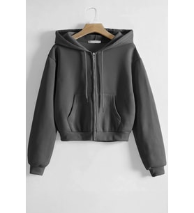 Ghassy Co. Kadın Pamuklu Crop Model Kanguru Cepli Sonbahar ve İlkbahar Kapüşonlu Crop Sweatshirt (Füme)