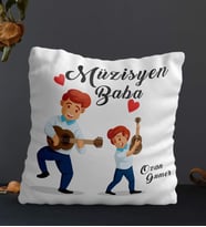 Kişiye Özel Müzisyen Baba Temalı Kare Yastık (Beyaz)