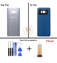 Samsung Galaxy S8 Plus Gümüş Renk Arka Kapak + Tamir Seti + B7000 Yapıştırıcı Arka Cam Batarya Kapağı Pil Kapağı Lazer Kesim Back Cover Galaxy S8 Plus Uyumlu