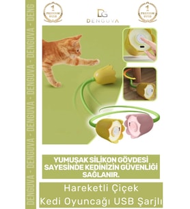 #KediOyuncağı USB Şarjlı İnteraktif Sallanan Kuyruklu Silikon Gövdeli Eğitici Hareketli Çiçek Kedi O