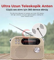 Taşınabilir Kablosuz Bluetooth Hoparlör ve Radyo  AM FM SW Tam Bant, Powerbank, LED Fener, USB/TF Kart Destekli, 1200 mAh Şarjlı Kamp ve Acil Durum Cihazı (Şampanya)