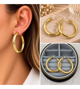 Premium Parlak ve Şık Gold Renk Büyük Boy Kalın Halka 316L Çelik Kadın Küpe