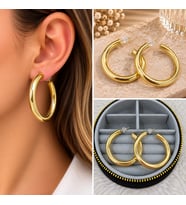Premium Parlak ve Şık Gold Renk Büyük Boy Kalın Halka 316L Çelik Kadın Küpe