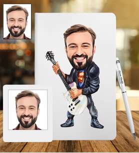 Kişiye Özel Gitarist Tasarımlı Karikatür Deri Defter & Metal Tükenmez Kalem + Ahşap Çerçeve hediye 91