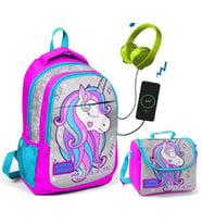 Coral High Pembe Unicorn Okul ve Beslenme Çantası - Kız Çocuk  - USB Soketli