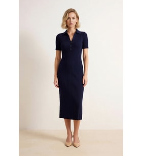Kadın Polo Yaka Kısa Kollu Midi Elbise Triko Kumaş Bodycon Kesim İnce Dokulu Astarsız Günlük Rahat