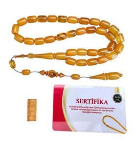 1 Tonluk Tesbihten Yapılma Sertifikalı Sıkma Kehribar Tesbih Lt1430 (Sarı)