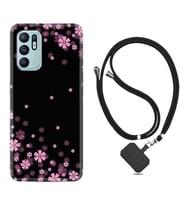 Oppo Reno 6 Kılıf Resimli Boyun Askılı İpli Desenli Silikon Black flowers 1391