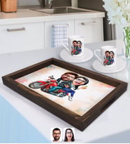 BK Gift Kişiye Özel Sevgililer Karikatürlü Doğal Ahşap Tepsi ve 2’li Kahve Fincan Seti-97