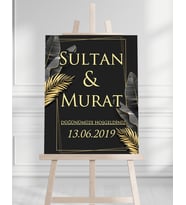 Söz Nişan Düğün İçin 50x70 Karşılama Panosu - Siyah ve Altın Yaprak Tasarımlı