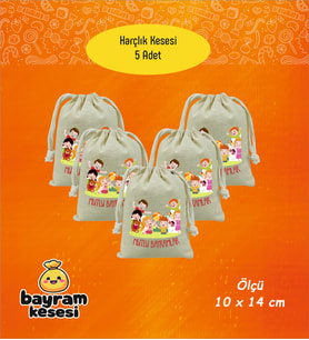 Bayram Harçlık Kesesi 5'li – Baskılı Ham Bez Bayram Kesesi, Çocuklar İçin Bayram Hediyesi  Model-7