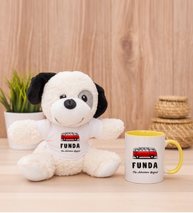 Kişiye Özel Vosvos Minibüs Tasarımlı Peluş Köpek ve Sarı Kupa