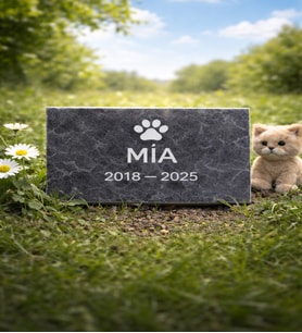 Kişiye Özel Evcil Hayvan Mezar Taşı – Kedi Köpek Lazer Kazıma Granit Anı Taşı (10x15/30x20/45x30) (Beyaz - Siyah Mermer)