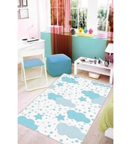 Mavi Kaymaz Tabanlı Yıkanabilir Bulutlu Bebek Halısı KD027