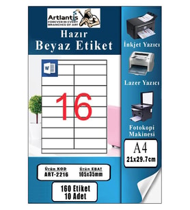 A4 Hazır Etiket 105x35 mm 10 Sayfa 1 Paket 16 lı Kendinden Yapışkanlı Fotokopi Lazer İnkjet Kağıdı Yazıcılar İçin Uyumlu (Beyaz)