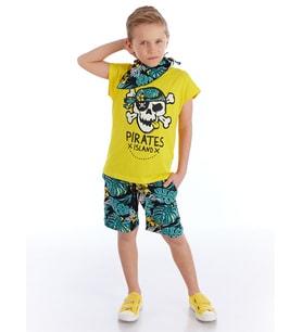 Hawaii Erkek Çocuk T-shirt Şort Bandana Takım (Sarı-Yeşil)