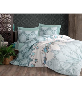 Çift Kişilik Nevresim Takımı Seti Yorgan Kılıfı LOVE KALP Desen 200x220 cm + Lastikli Battal Boy Çarşaf 180x200x30 cm +2 Yastık Kılıflı 50x70 cm (Mavi, Çiçekli)