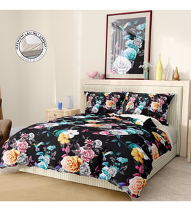 Monohome Premium Luxury Çift Kişilik Nevresim Takımı 3D Pamuk Saten Black Flower (Çok Renkli)