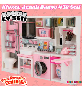 Ütü, Ayna, Tuvalet ve Çamaşır Makinesi Banyo Seti - Modern Banyo Seti - Banyo Oyuncak Seti - Ütü, Kl