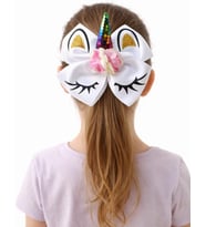 Unicorn Saç Tokası, Beyaz Kurdele, Renkli Pullu Boynuz, Altın Simli Kulaklar, Çiçek Detaylı