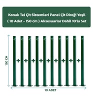 KONAK TEL ÇİT SİSTEMLERİ 10 ADET PANEL ÇİT DİREĞİ 150 CM AKSESUARLAR DAHİL (Yeşil)