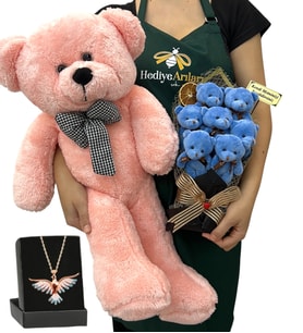 Kişiye Özel 7'li Peluş Ayıcık Buketi, Renkli Anka Kuşu Kolye ve Pembe Peluş Ayıcık (Model 1)