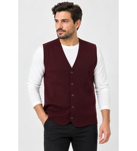Erkek V Yaka Düğmeli Tek Plaka Spor Yelek 7025-Bordo