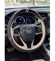 Honda Civic FK7 Dikme Direksiyon Kılıfı Parlak Siyah Bej Detaylı Bej Çift Yüzük ve Dikiş 2016-2021