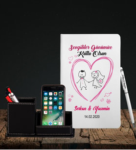 Sevgililer Gününe Özel Beyaz Defter Kalem & Deri Kaplama Kalemlik Hediye Seti 25